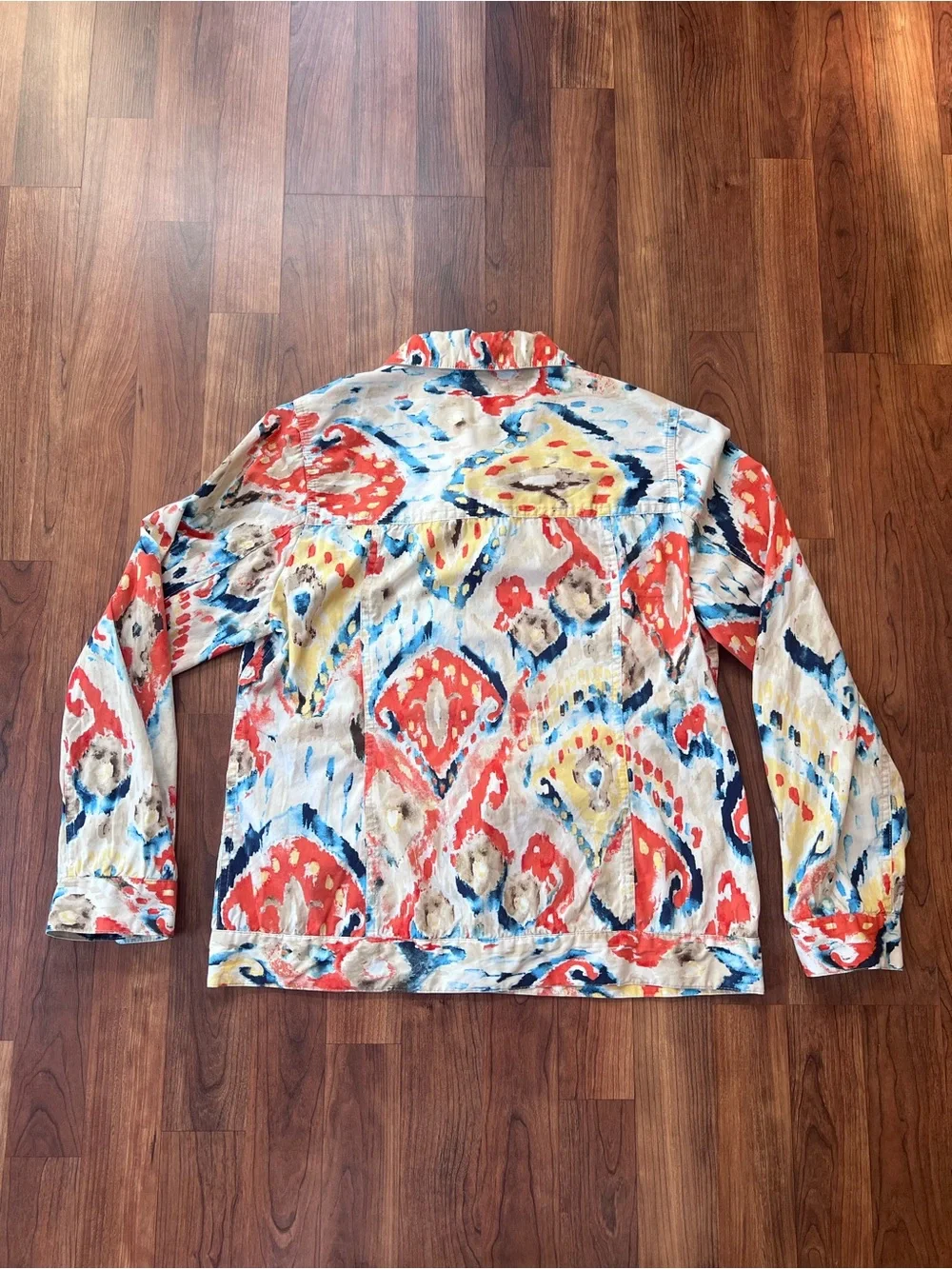 Chico's Multicolor Abstract Print Jean Jacket — Red, Blue & Yellow